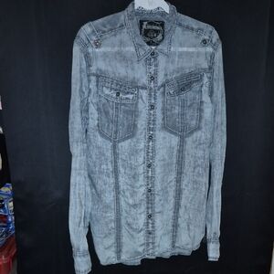 Men WESTERN Buckle Black Athletic Fit Button Down Shirt Size L Gray